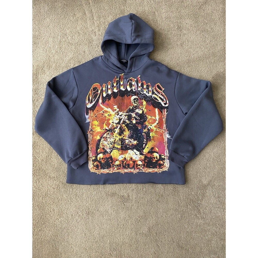 boohooMAN Men's Charcoal Oversized Boxy "Outlaws" Moto Graphic Hoodie Size M